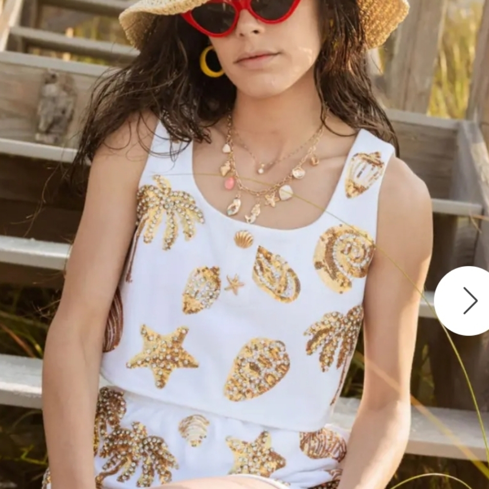 Women's White With Gold Seashell Sequins Cropped Tank